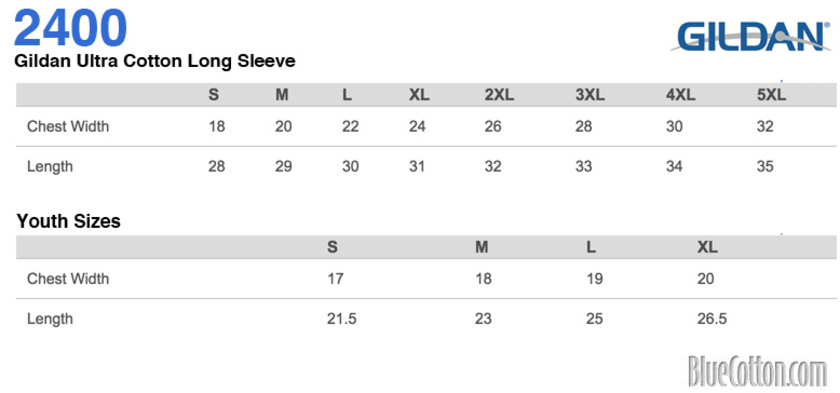 Size chart for a 2400 Gildan Ultra Cotton Long Sleeve