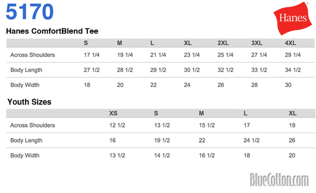 Size chart for a 5170 Hanes ComfortBlend Tee