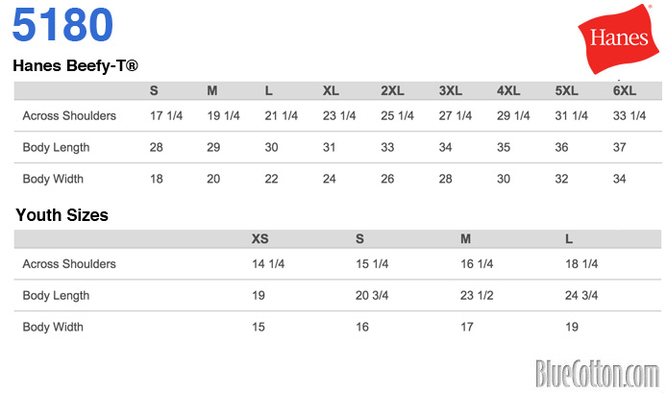 Size chart for a 5180 Hanes Beefy-T