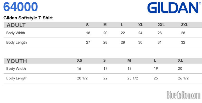 Size chart for a 64000 Gildan SoftStyle Tee