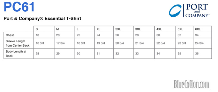 Size chart for a PC61 Port & Company Essential Tee