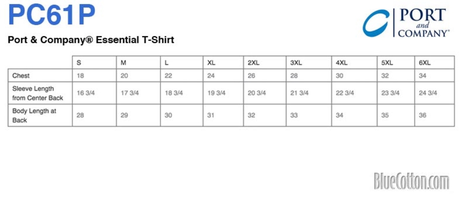Size chart for a PC61P Port & Company Essential Tee with Pocket