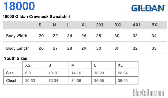 Size chart for a 18000 Gildan Crewneck Sweatshirt
