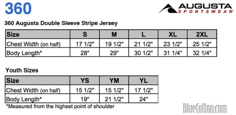 Size chart for a 360 Augusta Double Sleeve Stripe Jersey