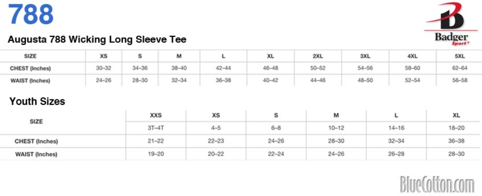 Size chart for a Augusta 788 Wicking Long Sleeve Tee