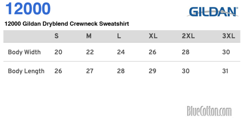 Size chart for a 12000 Gildan Dryblend Crewneck Sweatshirt