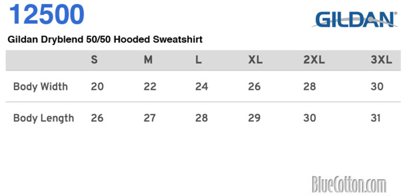 Size chart for a 12500 Gildan Dryblend 50/50 Hooded Sweatshirt