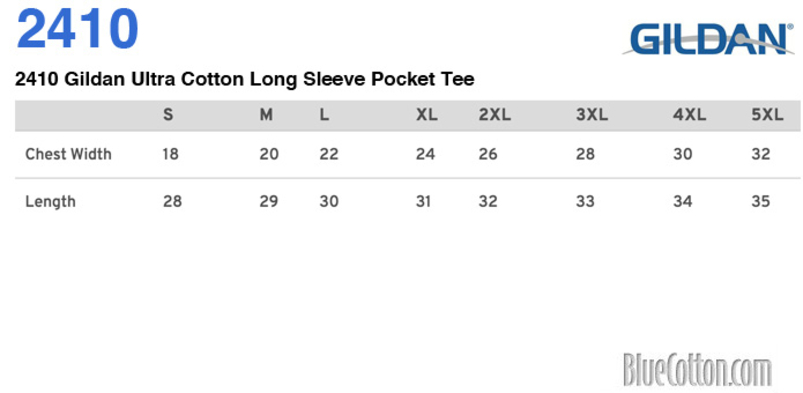 Size chart for a 2410 Gildan Ultra Cotton Long Sleeve Pocket Tee