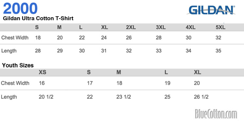 Size chart for a 2000 Gildan Ultra Cotton Tee