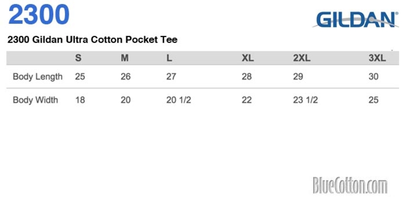 Size chart for a 2300 Gildan Ultra Cotton Pocket Tee
