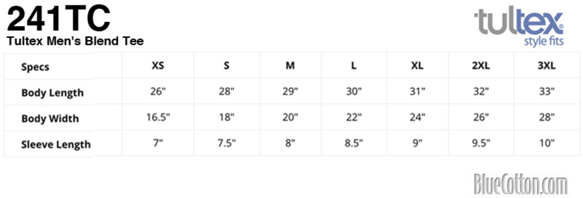 Size chart for a 241 Tultex Unisex Poly-Rich T-shirt