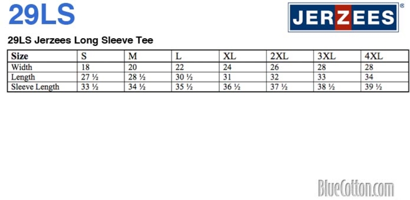 Size chart for a 29LS Jerzees Long Sleeve Tee