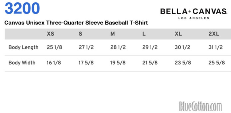 Size chart for a 3200 Bella + Canvas Unisex Three-Quarter Sleeve Baseball T-Shirt