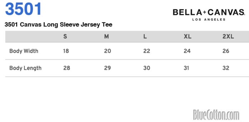 Size chart for a 3501 Bella + Canvas Long Sleeve Jersey Tee