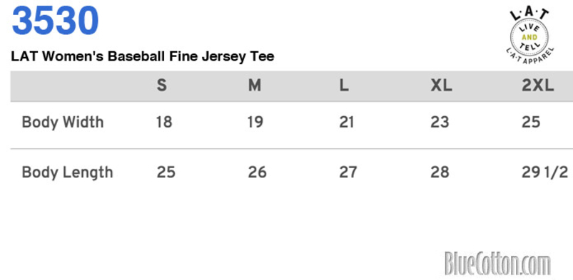 Size chart for a 3530 LAT Women's Baseball Fine Jersey Tee