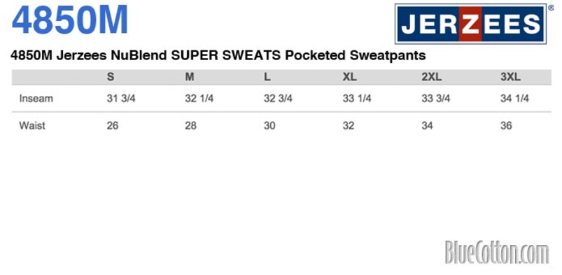 Size chart for a 4850MP Jerzees NuBlend SUPER SWEATS Pocketed Sweatpants