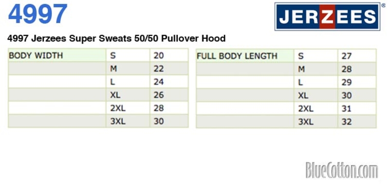 Size chart for a 4997 Jerzees Super Sweats 50/50 Pullover Hood