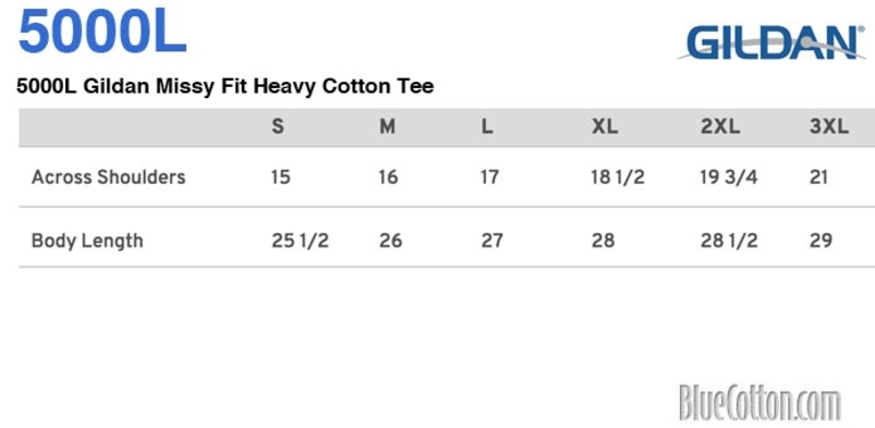 Size chart for a 5000L Gildan Ladies Heavy Cotton Tee