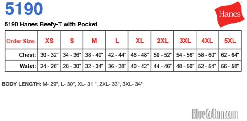 Size chart for a 5190 Hanes Beefy-T with Pocket