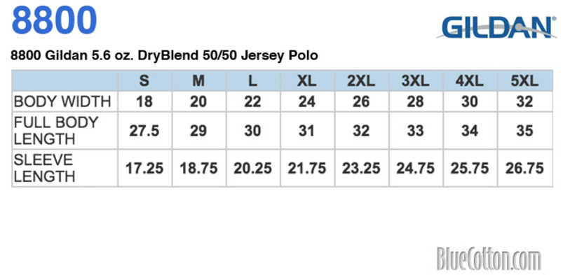 Size chart for a 8800 Gildan 5.6 oz. DryBlend 50/50 Jersey Polo
