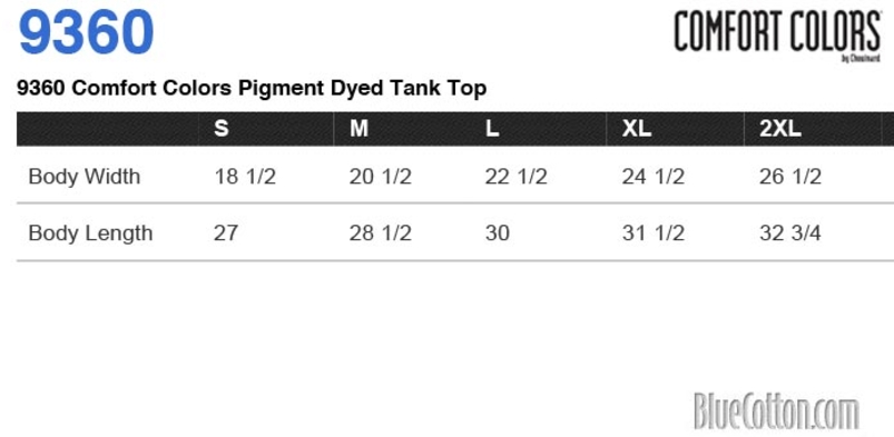 Size chart for a CC9360 Comfort Colors Pigment Dyed Tank Top 