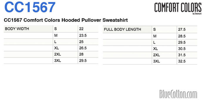 Size chart for a CC1567 Comfort Colors Hooded Pullover Sweatshirt