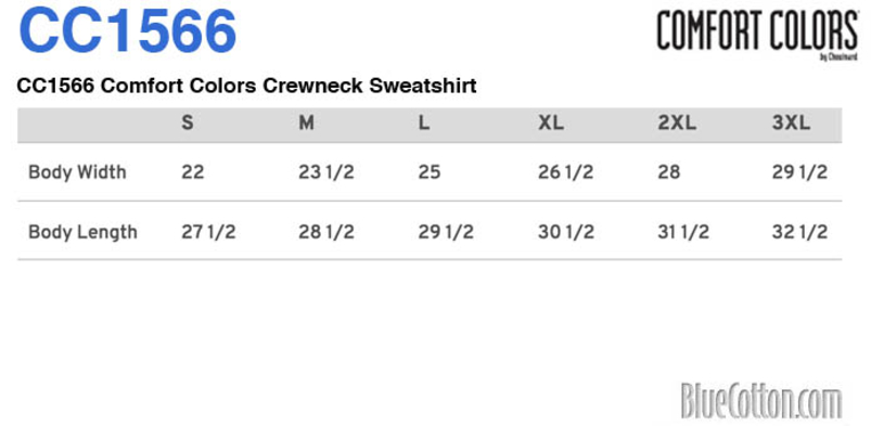 Size chart for a CC1566 Comfort Colors Crewneck Sweatshirt