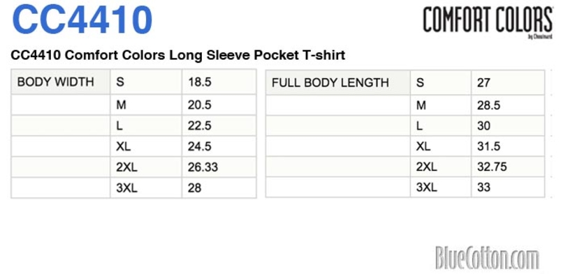 Size chart for a CC4410 Comfort Colors Long Sleeve Pocket T-shirt