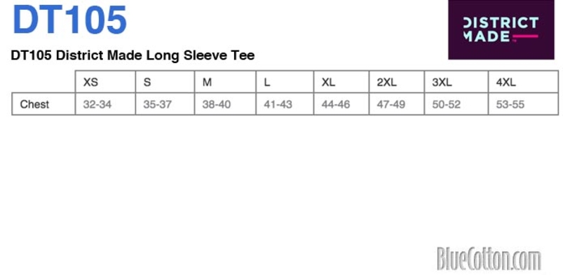 Size chart for a DT105 District Long Sleeve Tee
