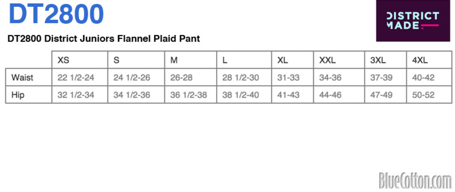 Size chart for a DT2800 District Women's Flannel Plaid Pant
