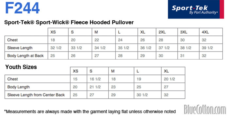 Size chart for a F244 Sport-Tek Sport-Wick Fleeced Hooded Pullover