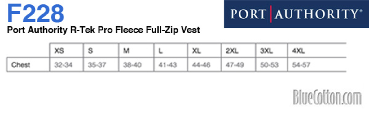 Size chart for a F228 Port Authority R-Tek Pro Fleece Full-Zip Vest