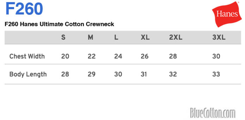 Size chart for a F260 Hanes Ultimate Cotton Crewneck