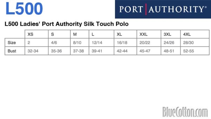Size chart for a L500 Ladies' Port Authority Silk Touch Polo
