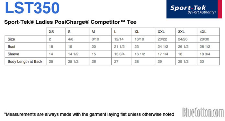 Size chart for a LST350 Sport-Tek Ladies Competitor Tee