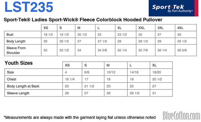 Size chart for a LST235 Sport-Tek Ladies Sport-Wick Fleece Colorblock Hooded Pullover
