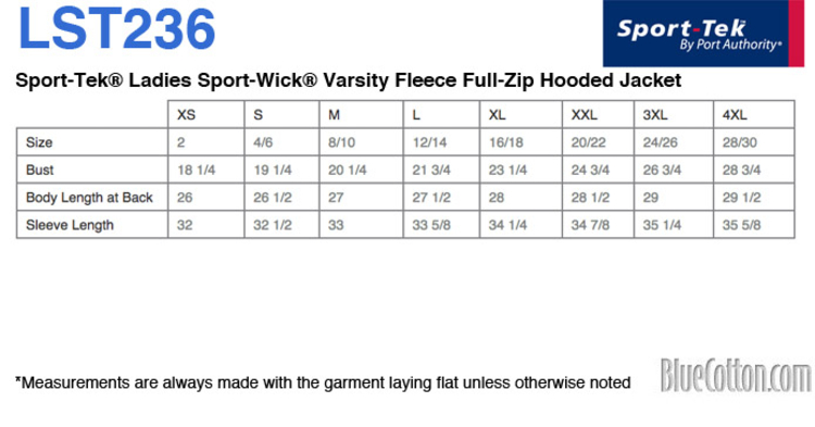 Size chart for a LST236 Sport-Tek Ladies Sport-Wick Varsity Fleece Full-Zip Hooded Jacket