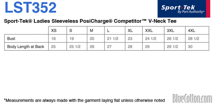 Size chart for a LST352 Sport-Tek Ladies Sleeveless PosiCharge Competitor V-Neck Tee