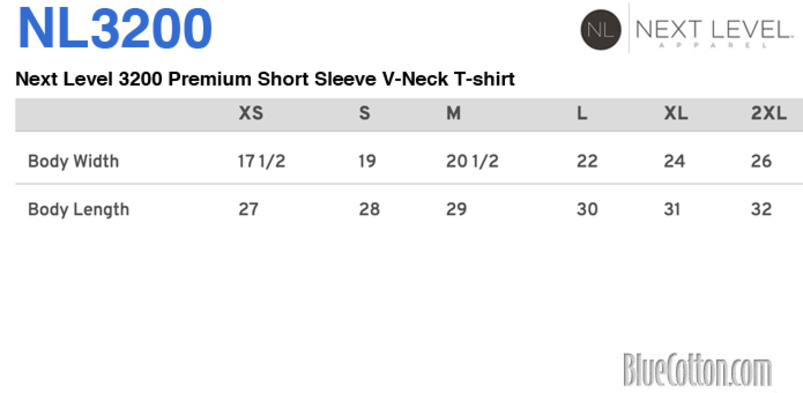 Size chart for a Next Level 3200 Premium Short Sleeve V-Neck T-shirt