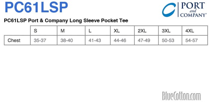 Size chart for a PC61LSP Port & Company Long Sleeve Pocket Tee