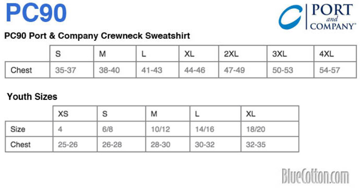 Size chart for a PC90 Port & Company Crewneck Sweatshirt