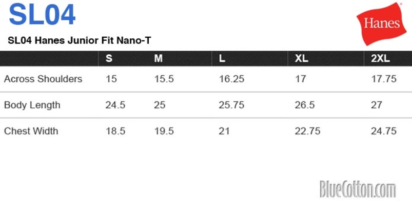 Size chart for a SL04 Hanes Junior Fit Nano-T
