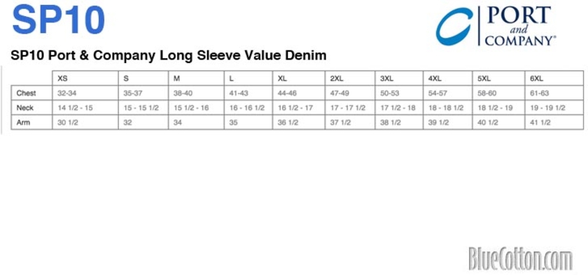 Size chart for a SP10 Port & Company Long Sleeve Value Denim