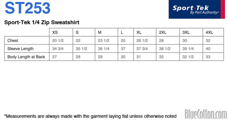 Size chart for a ST253 Sport-Tek 1/4 Zip Sweatshirt