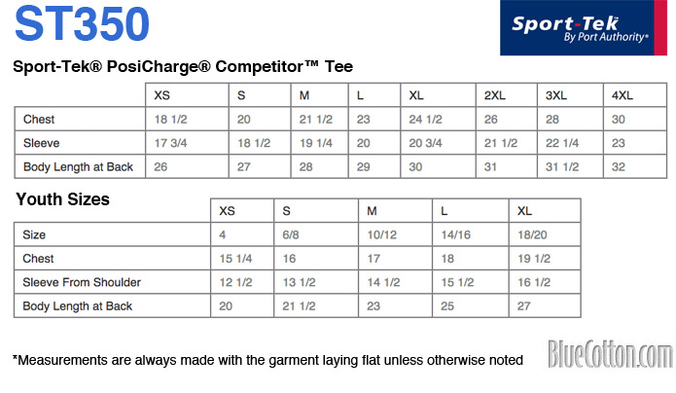 Size chart for a ST350 Sport-Tek Competitor Tee