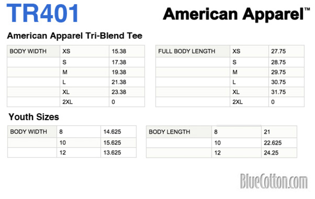 Size chart for a TR401 American Apparel Tri-Blend Tee