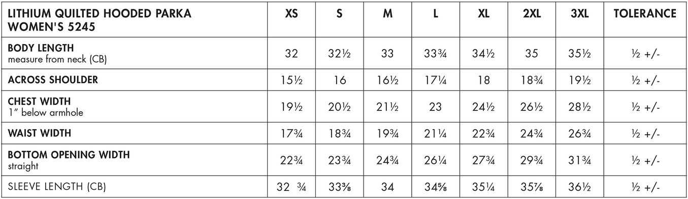 Size chart for a 5245 Charles River Women's Lithium Quilted Hooded Parka