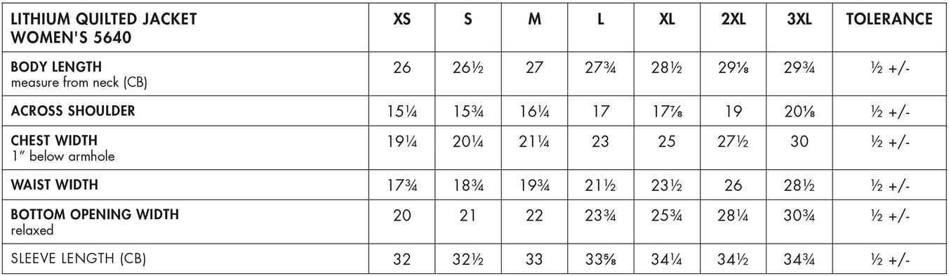 Size chart for a 5640 Charles River Women's Lithium Quilted Jacket