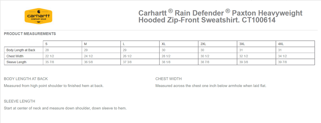 Size chart for a CT100614 Carhartt Rain Defender Paxton Heavyweight Hooded Zip-Front Sweatshirt