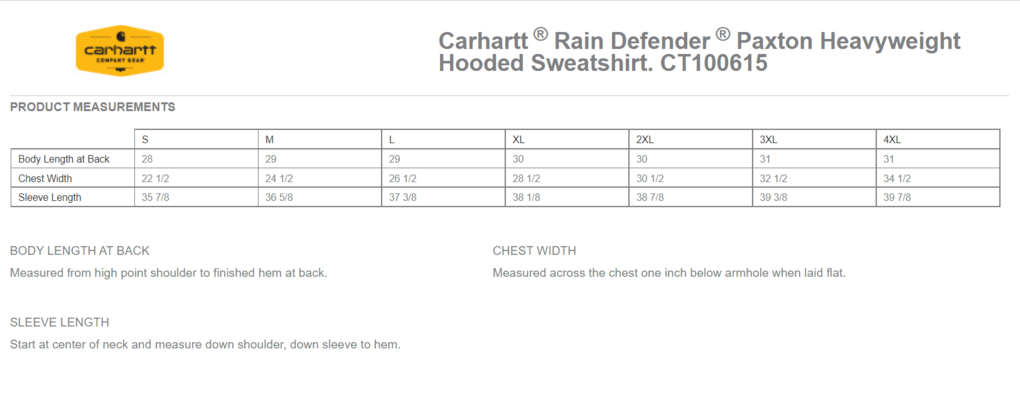 Size chart for a CT100615 Carhartt Rain Defender Paxton Heavyweight Hooded Sweatshirt